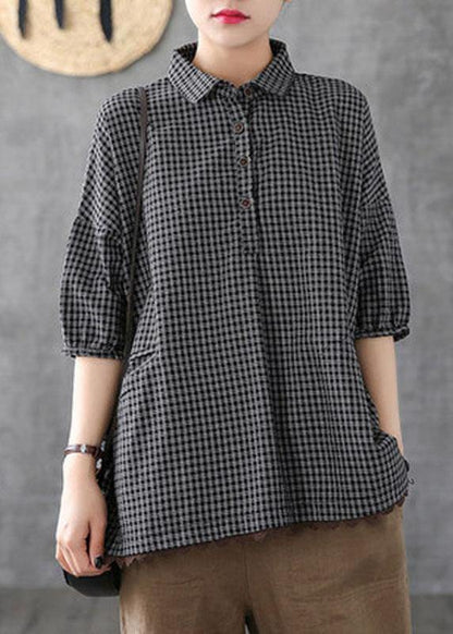 Dark Grey Peter Pan Collar Button Pockets Fall Plaid Half Sleeve Top