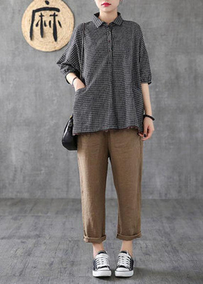 Dark Grey Peter Pan Collar Button Pockets Fall Plaid Half Sleeve Top