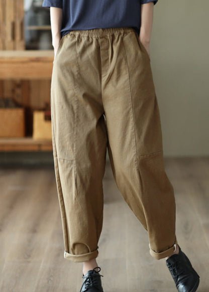 Dark Khaki Elastic Waist Cotton Harem Pants