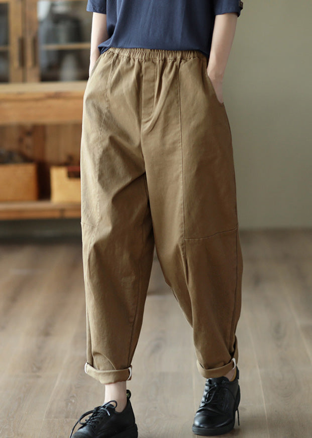 Dark Khaki Elastic Waist Cotton Harem Pants