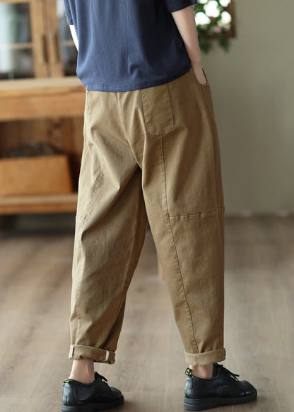 Dark Khaki Elastic Waist Cotton Harem Pants