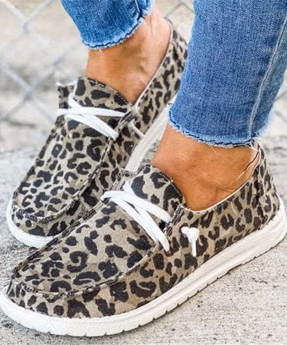Dark Leopard Print Flat Shoes Cotton Fabric Boutique Lace Up Flat Shoes for