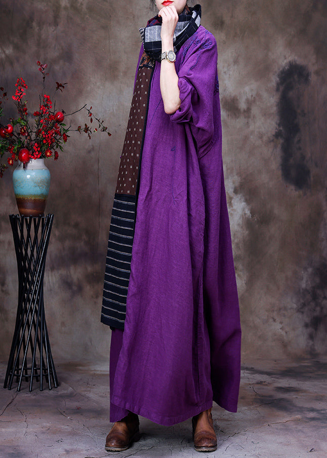 Dark Purple V Neck Printing Linen Dress Long Sleeve