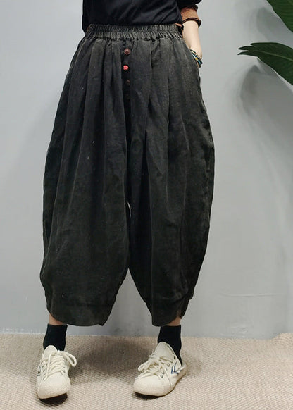 Dark Red Pocket Linen Harem Pants Button Spring