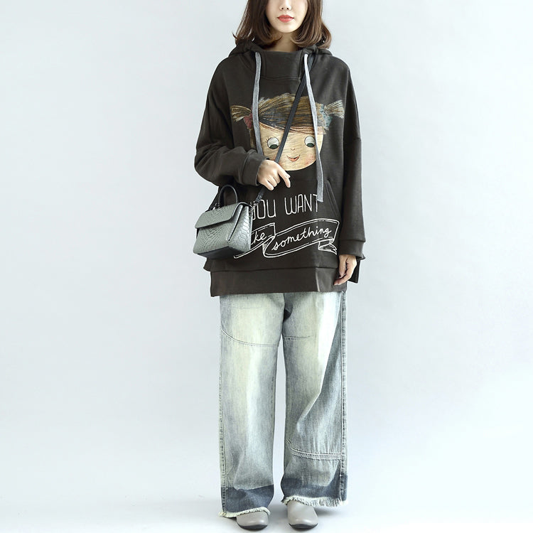 Dark Gray Oversized Winter Tops Hoodies Cotton Outwear