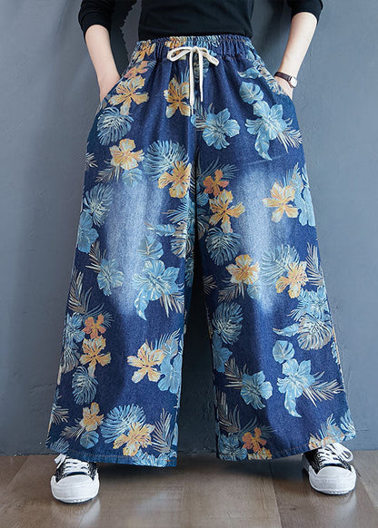 Denim Blue Print Cotton Wide Leg Pants Elastic Waist Spring