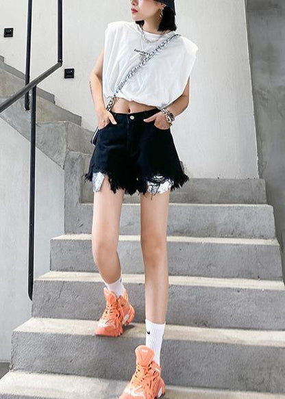 Denim Black Shorts Thin Section Large Size Hole High Waist Pants
