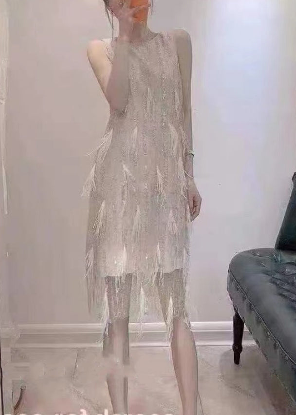 Dinner Beige O-neck Tassel Lace Maxi Dresses Summer