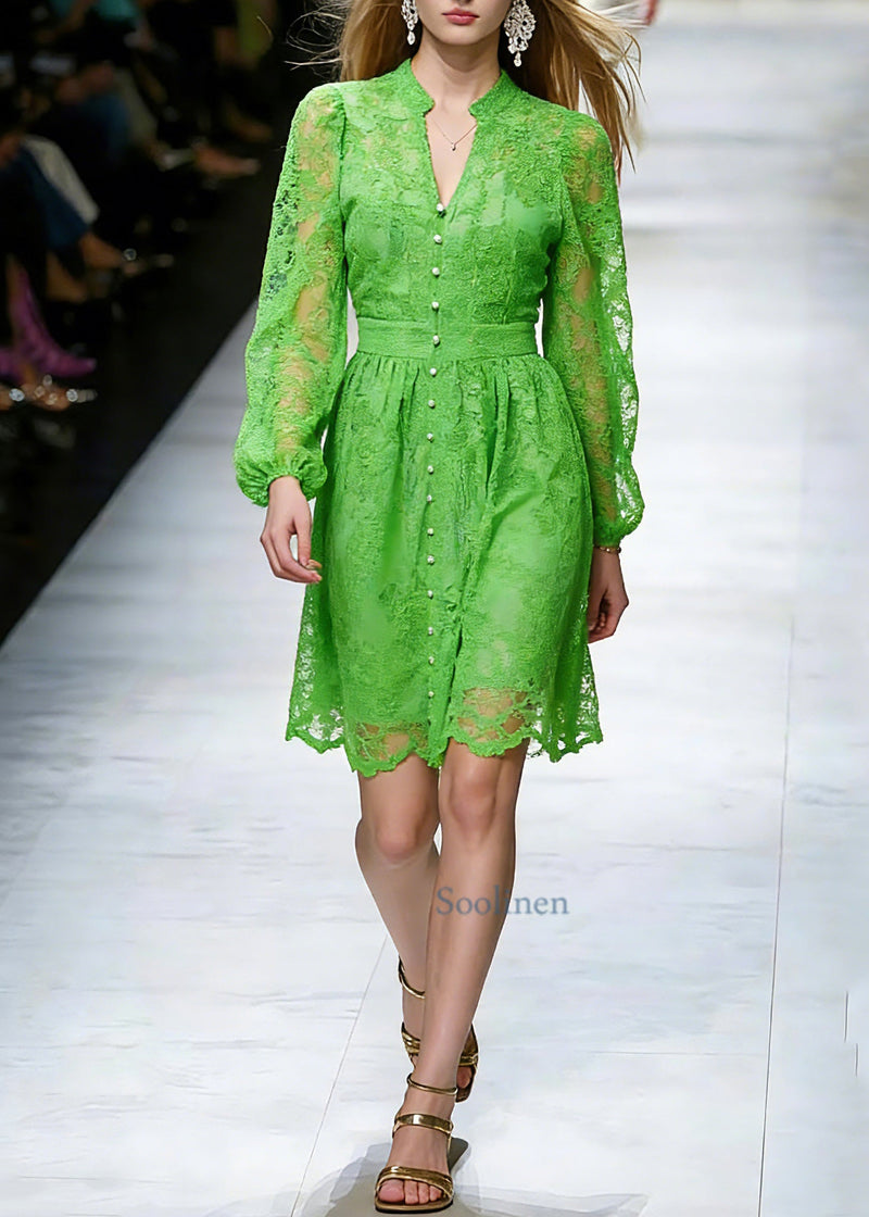 Dinner Green V Neck Lace Patchwork Tulle Mid Dress Spring