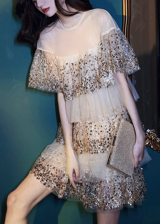 Dinner O-neck Nail Bead Wrinkled Tulle Mid Dress Short Sleeve