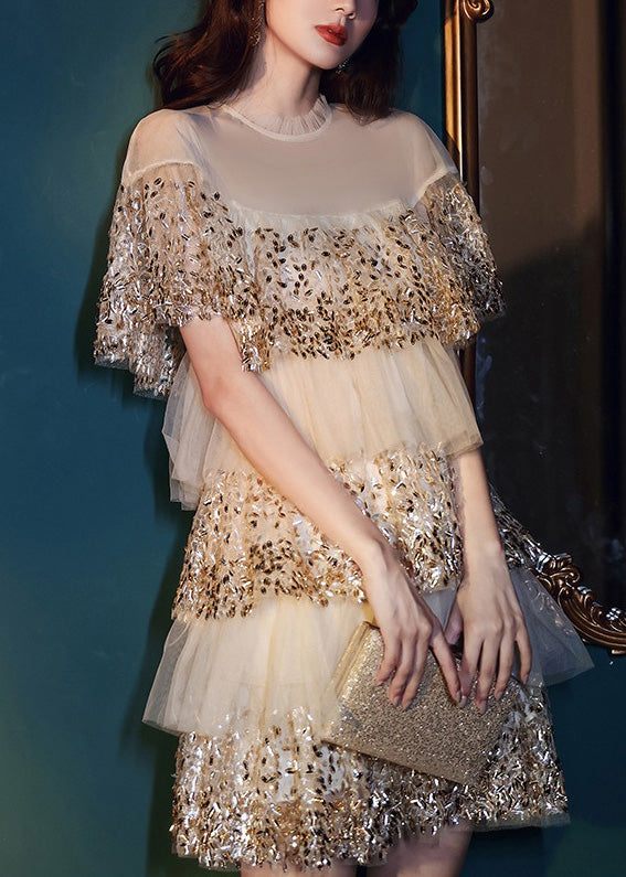 Dinner O-neck Nail Bead Wrinkled Tulle Mid Dress Short Sleeve