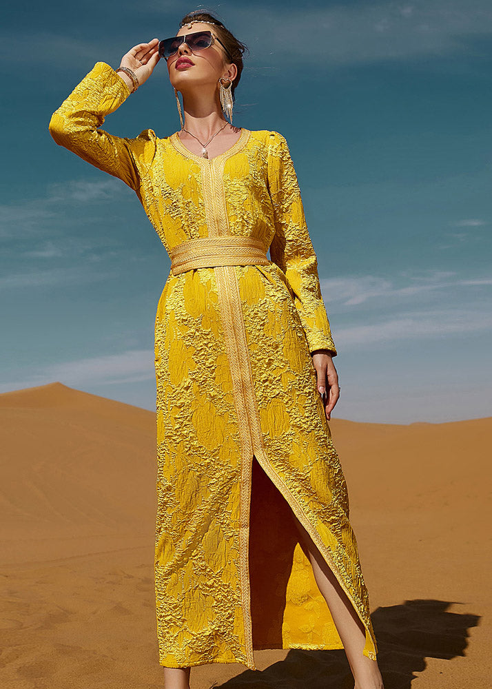 Dinner Yellow O-neck Slim Lace Maxi Dresses Long Sleeve