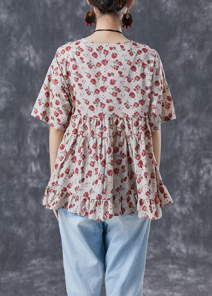 Diy Beige V Neck Patchwork Print Cotton Tops Summer