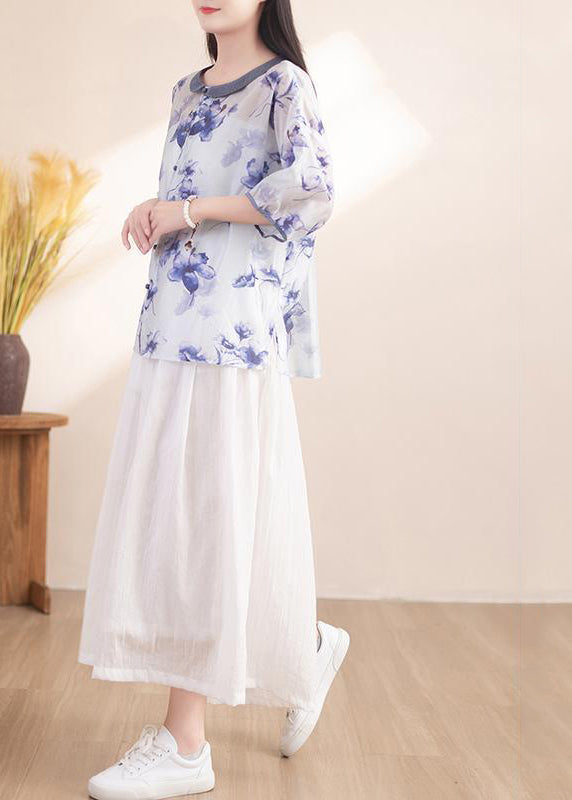 Diy Blue Oversized Print Linen Shirt Top Half Sleeve