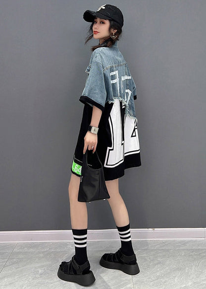 Diy Blue Peter Pan Collar Asymmetrical Denim Patchwork Button Pockets Dress Short Sleeve