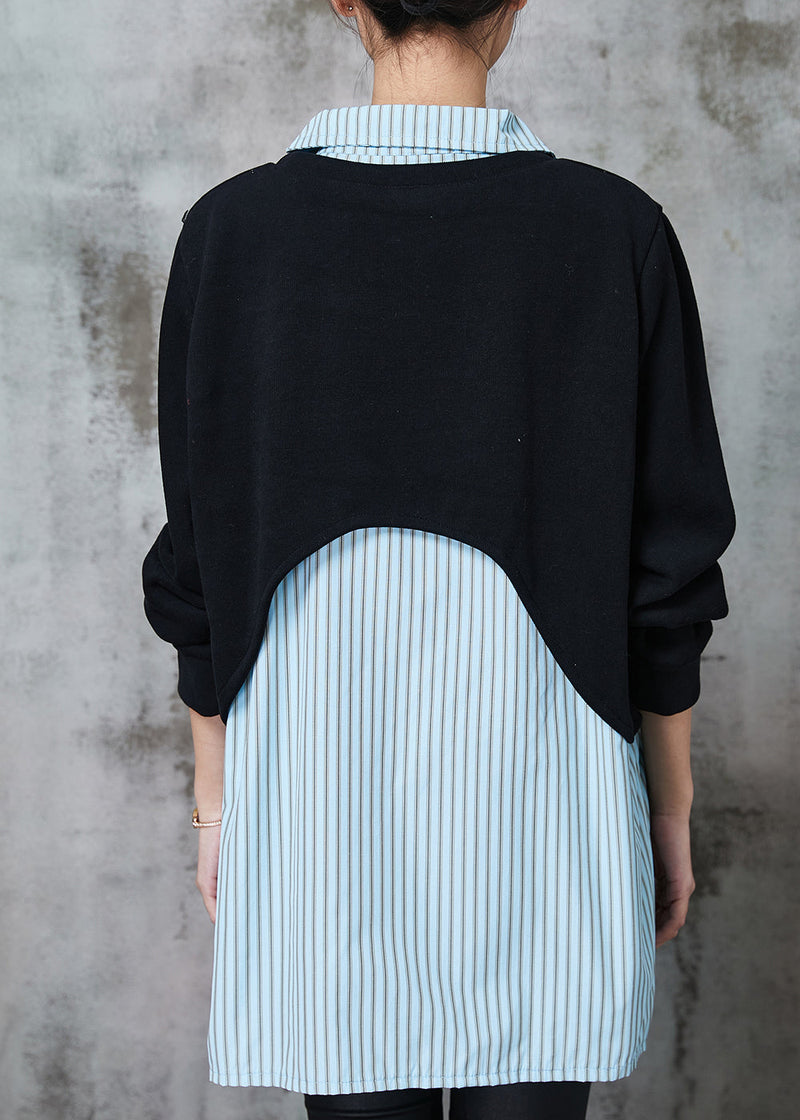 Diy Blue Striped Patchwork Cotton Loose Sweatshirts Top Spring