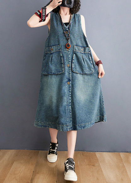 Diy Blue V Neck Pockets Cotton Denim a Line Dresses Sleeveless