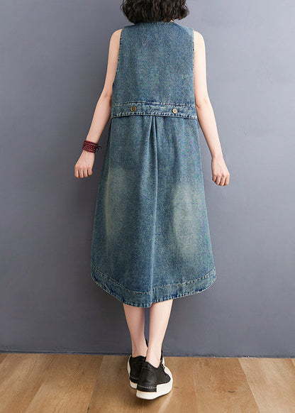 Diy Blue V Neck Pockets Cotton Denim a Line Dresses Sleeveless