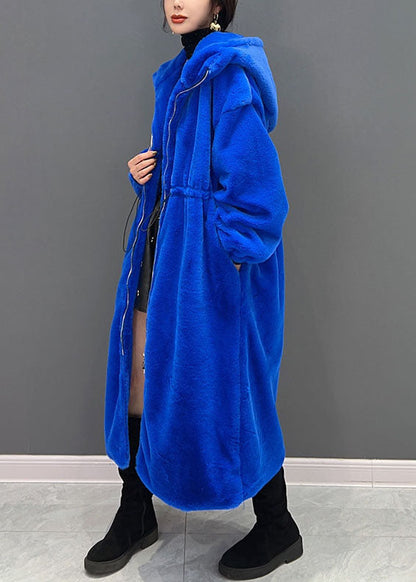 Diy Blue Zippered Hooded Drawstring Fuzzy Fur Fluffy Long Coats Winter