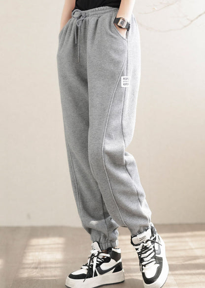 Diy Grey Elastic Waist Patchwork Warm Fleece Pants Winter