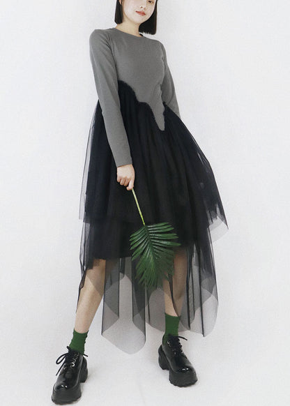 Diy Grey O-neck Tulle Patchwork Asymmetrical Design Cotton Vacation Dresses Long Sleeve