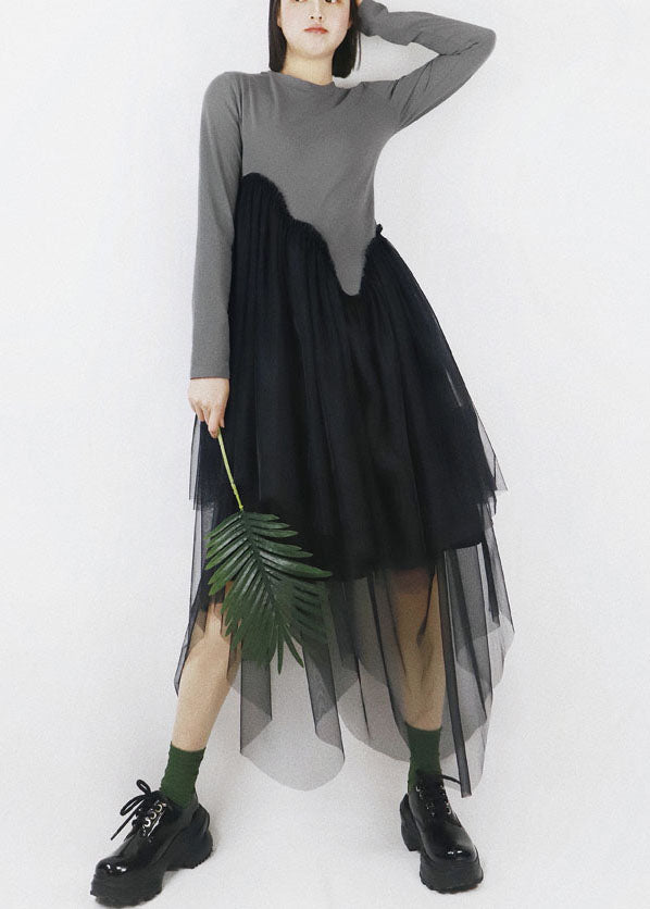 Diy Grey O-neck Tulle Patchwork Asymmetrical Design Cotton Vacation Dresses Long Sleeve