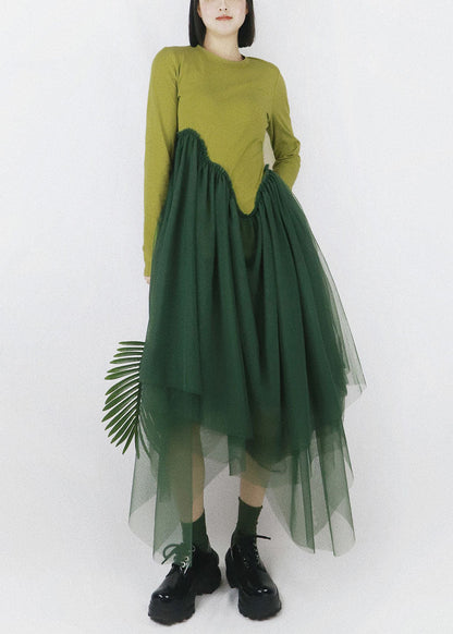 Diy Grey O-neck Tulle Patchwork Asymmetrical Design Cotton Vacation Dresses Long Sleeve