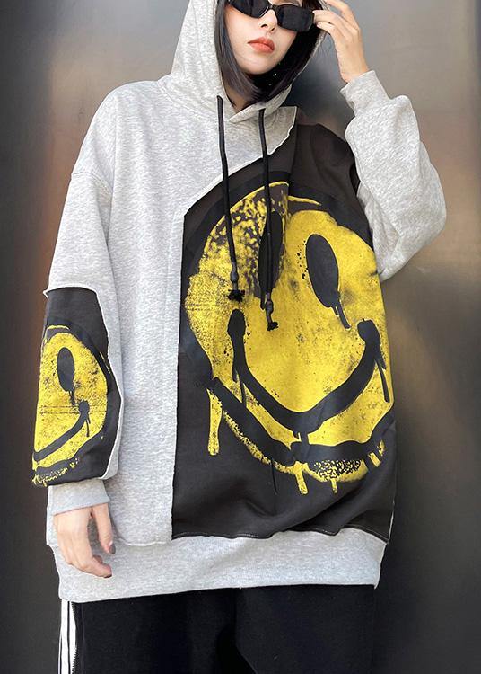 Diy Hooded Patchwork Spring Clothes for Shirts Gray Print Tops