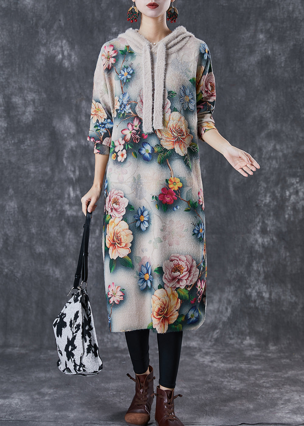 Diy Khaki Hooded Mink Velvet Knitted Mid Dress Winter