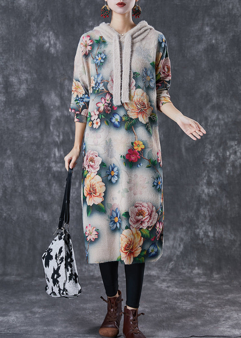 Diy Khaki Hooded Mink Velvet Knitted Mid Dress Winter