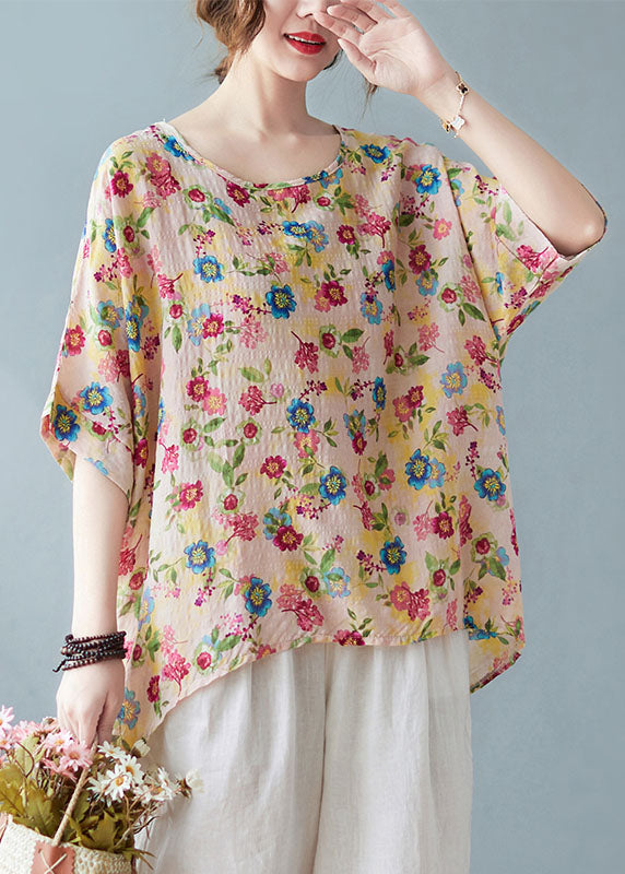 Diy Light Yellow O-neck Oversized Print Cotton Tanks Short Sleeve