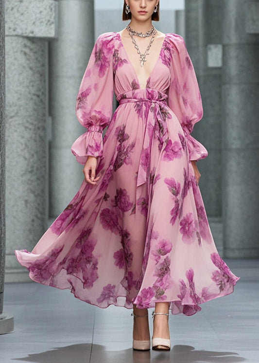 Diy Pink Deep-v Neck Print Chiffon Vacation Dresses Fall