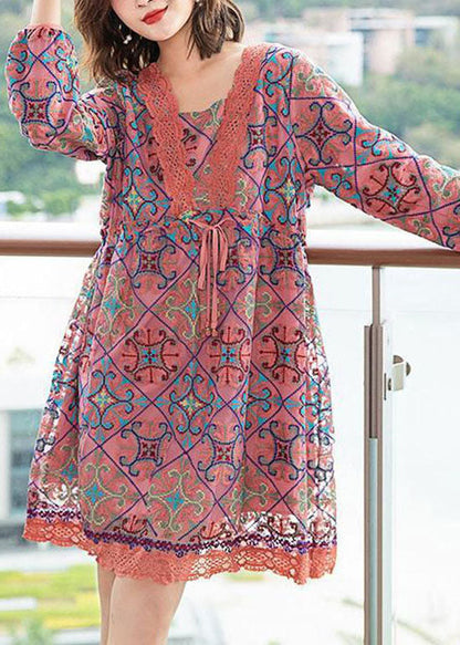 Diy Pink Lace Cinched Patchwork Print Chiffon a Line Dress Spring