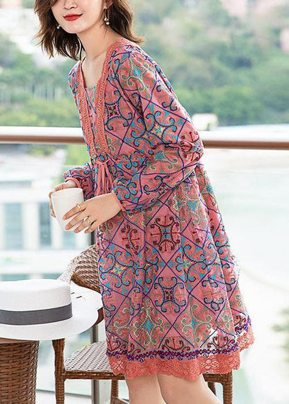 Diy Pink Lace Cinched Patchwork Print Chiffon a Line Dress Spring