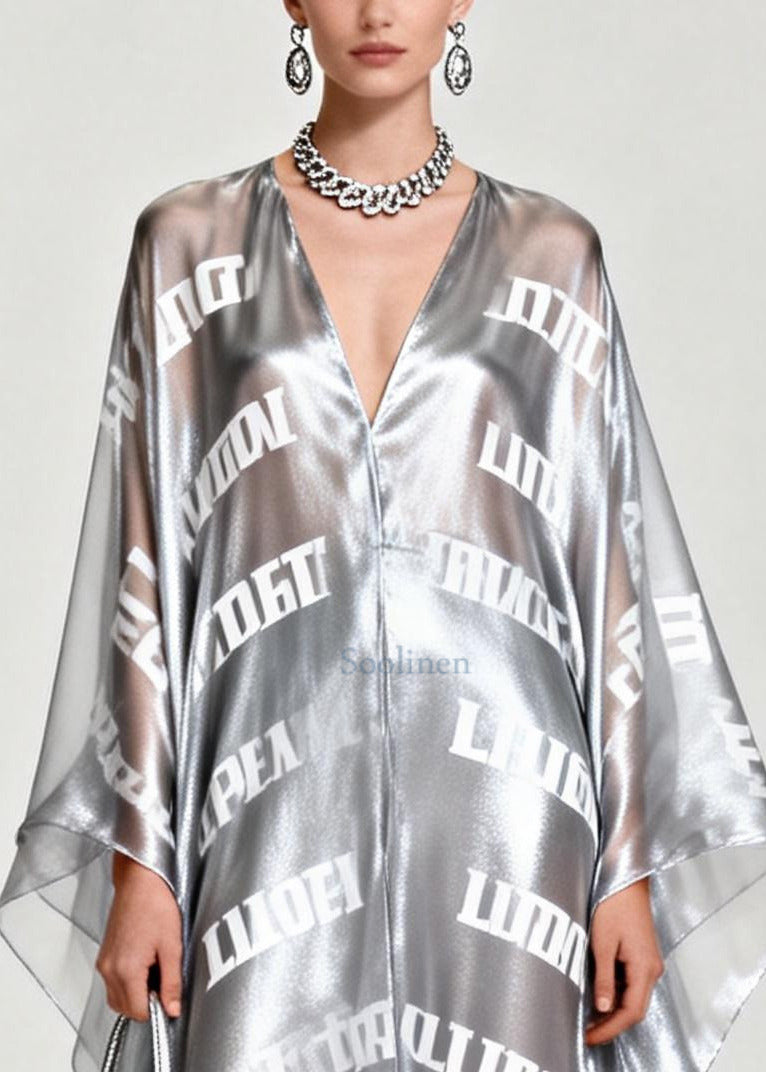 Diy Silvery Oversized Letter Print Chiffon Maxi Dress Summer