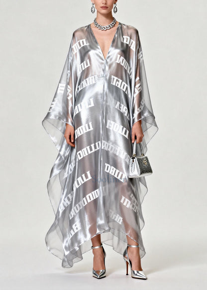 Diy Silvery Oversized Letter Print Chiffon Maxi Dress Summer