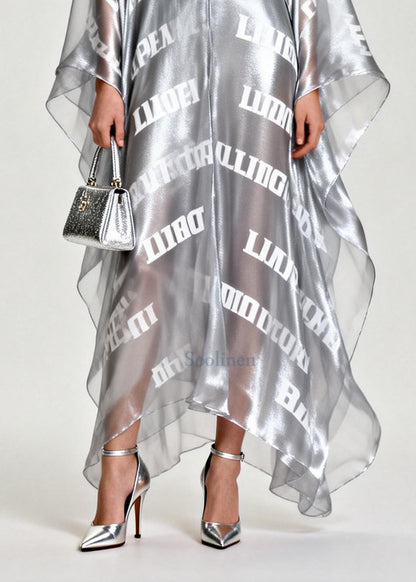 Diy Silvery Oversized Letter Print Chiffon Maxi Dress Summer