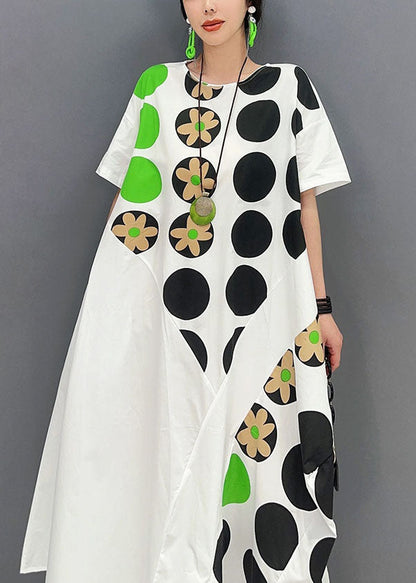 Diy White Oversized Patchwork Dot Print Cotton Party Dress Short Sleeve