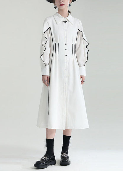 Diy White Peter Pan Collar Patchwork Ruffles Cotton Long Dresses Fall