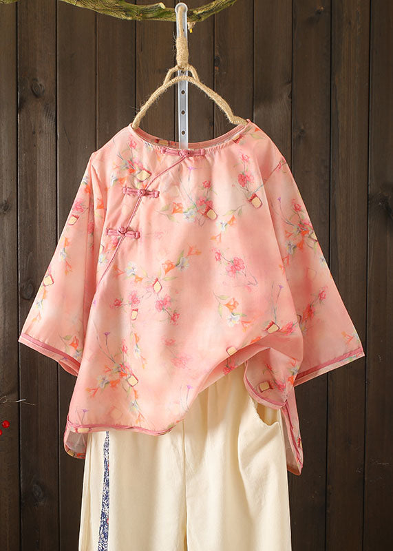 Diy Yellow O-neck Oriental Button Print Cotton Blouse Top Bracelet Sleeve