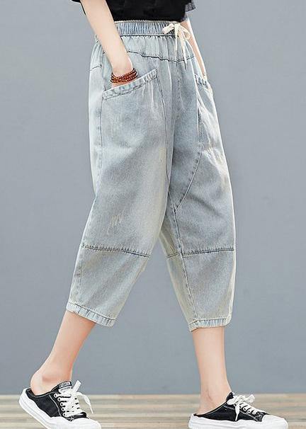Drawstring Personality Pocket Washed Jeans Elasticated Waist Cropped Pants
