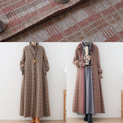 Medium Length Jackets Jacket Pink Plaid Stand Collar Button Down Wool Overcoat