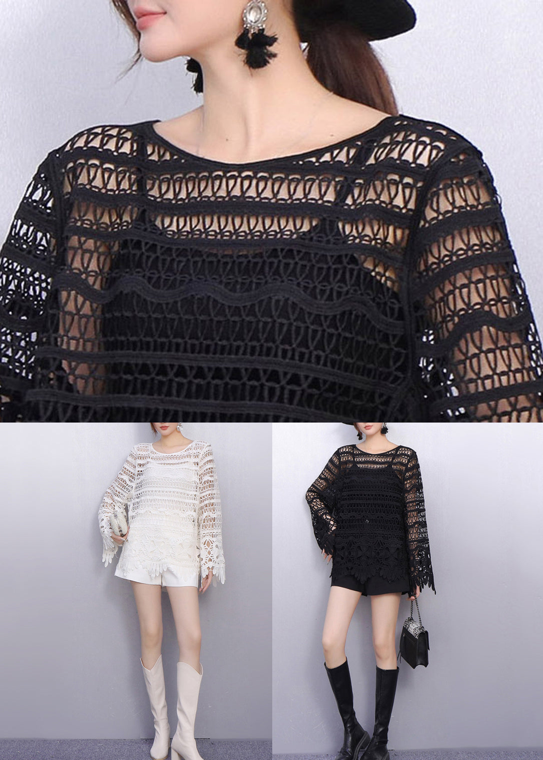 Elegant All Black Look Hollow Out Lace T Shirt Fall