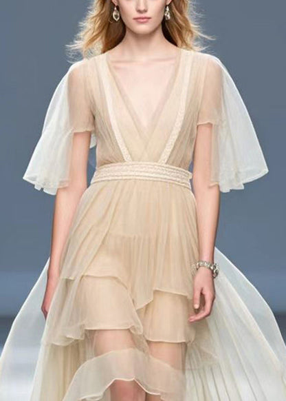 Apricot Asymmetrical Design Silk Holiday Dress Cloak Sleeves