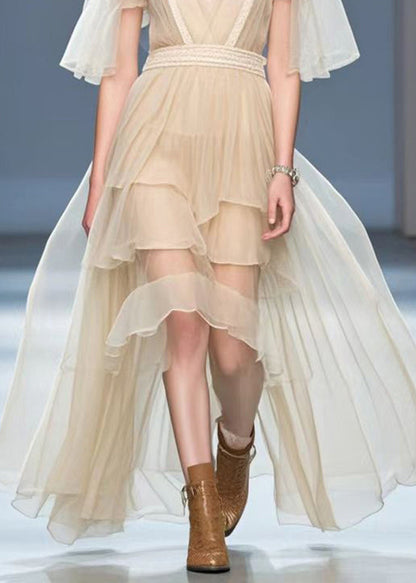 Apricot Asymmetrical Design Silk Holiday Dress Cloak Sleeves