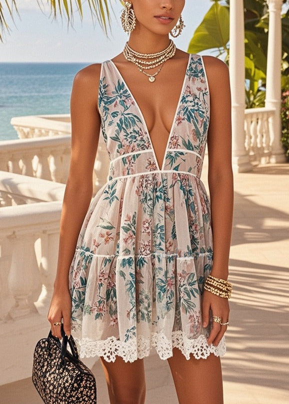 Apricot Deep-v Neck Print Chiffon Mini Dress Summer