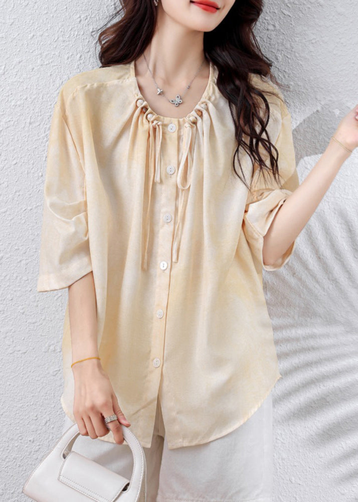 Apricot Drawstring Nail Bead Cotton Blouse Top Half Sleeve