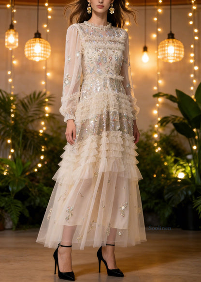 Apricot Embroidered Ruffled Patchwork Tulle Long Dresses Spring