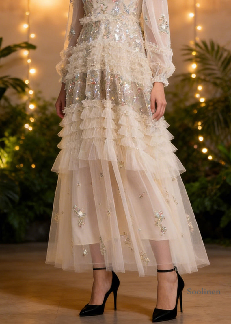 Apricot Embroidered Ruffled Patchwork Tulle Long Dresses Spring