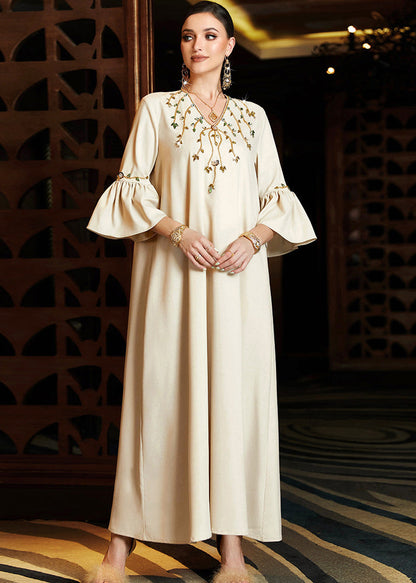 Apricot Embroideried Chiffon Long Dress Flare Sleeve